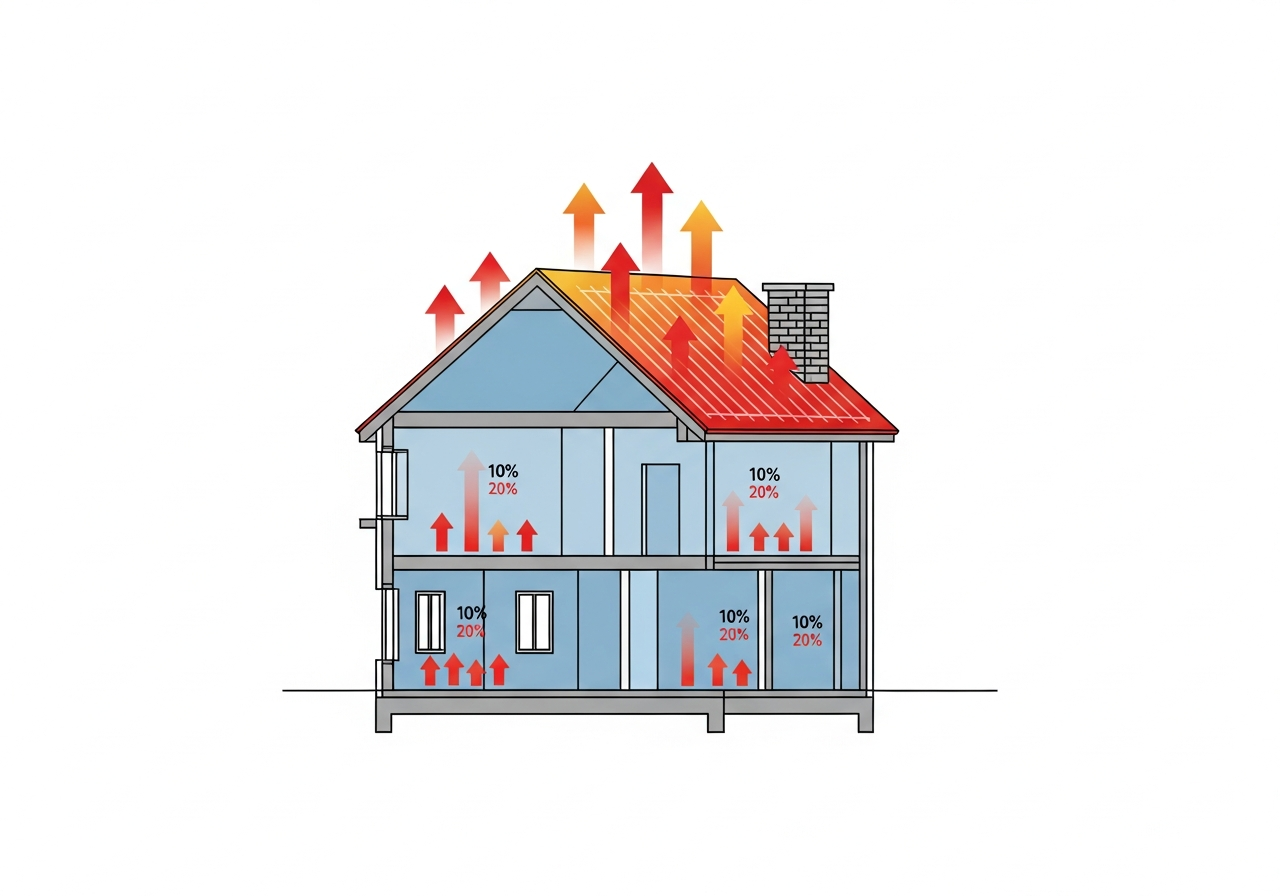 Diagram of house cross-section showing 25% heat loss through roof without adequate loft insulation
