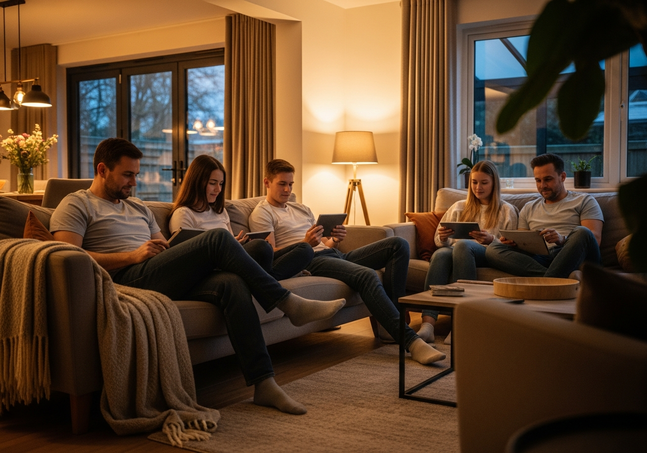 Family relaxing comfortably in a warm, well-insulated British home during winter — the result of professional loft insulation