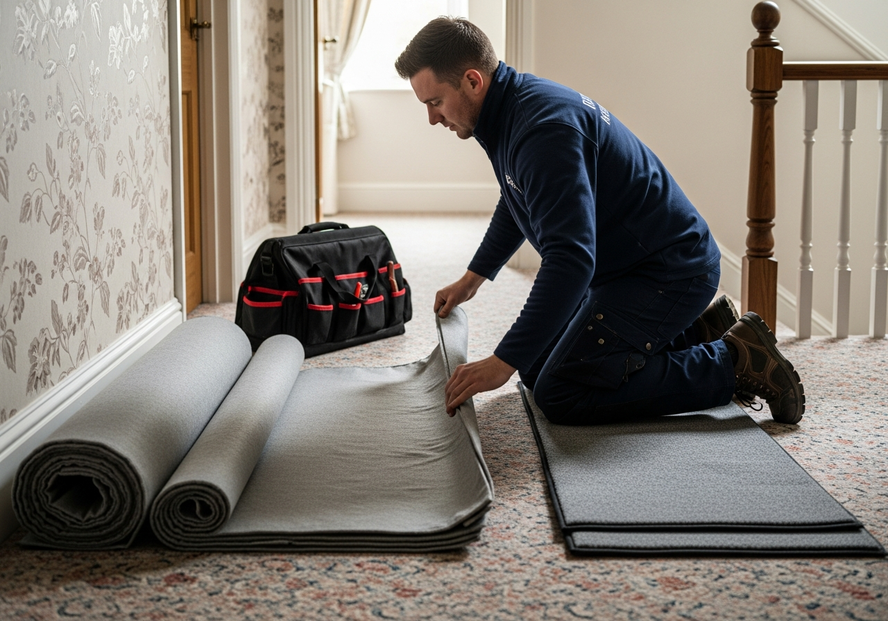 Installer carefully laying protective dust sheets on carpet before starting insulation work — protecting the customer's home
