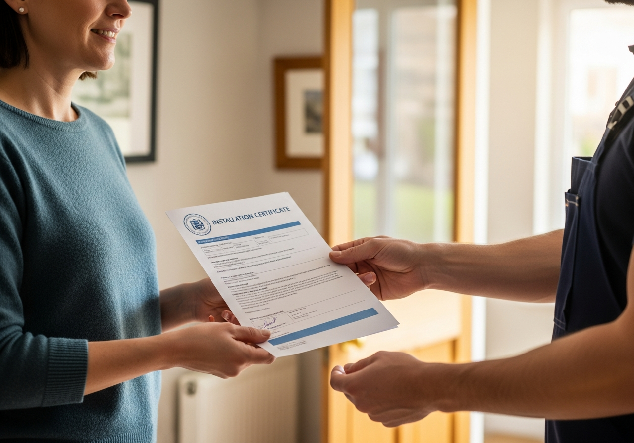 Homeowner receiving official insulation installation certificate — confirming completed professional work
