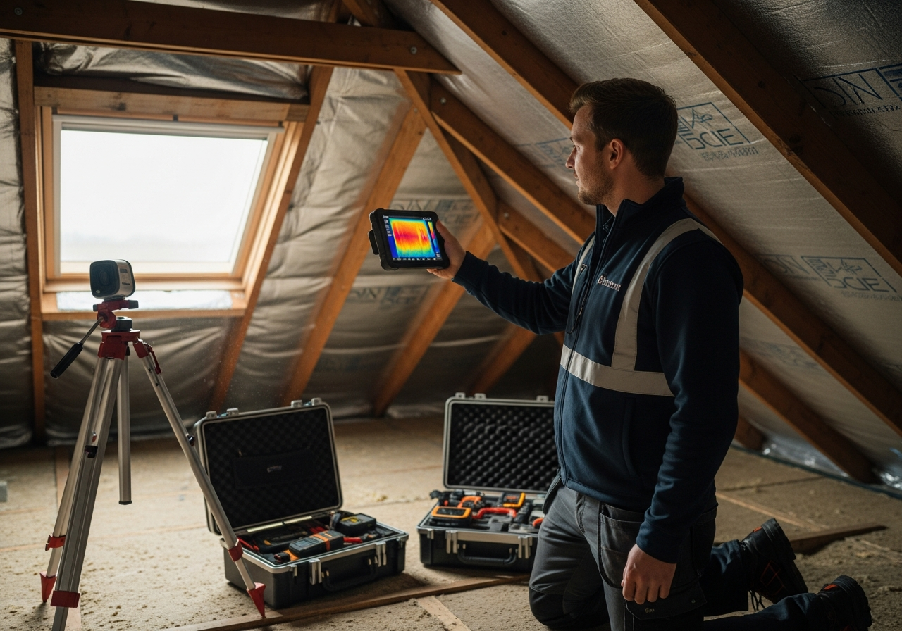 Surveyor using thermal imaging camera to inspect loft insulation levels in a residential property