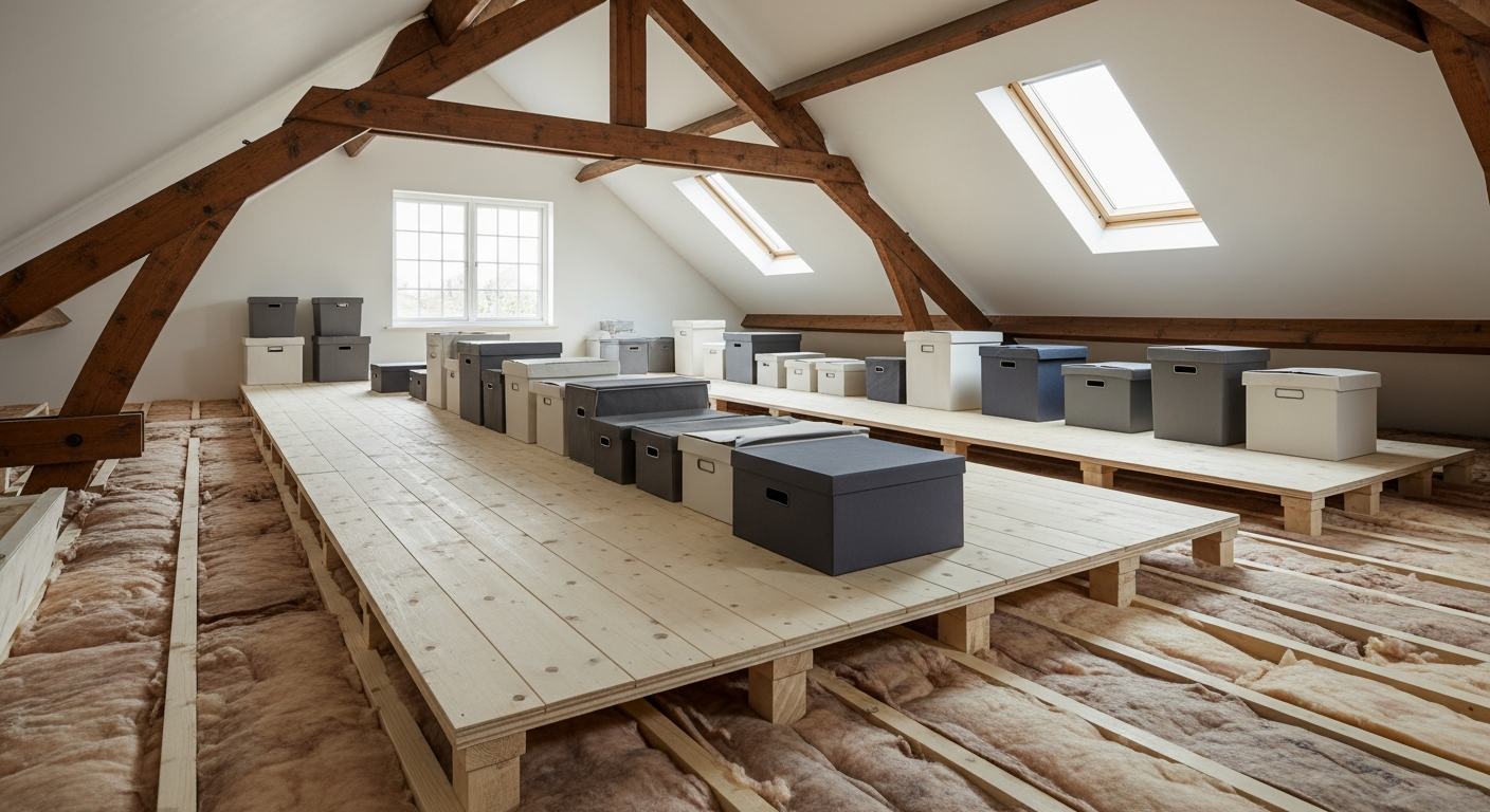 Neatly organised raised loft boarding above insulation providing accessible household storage space