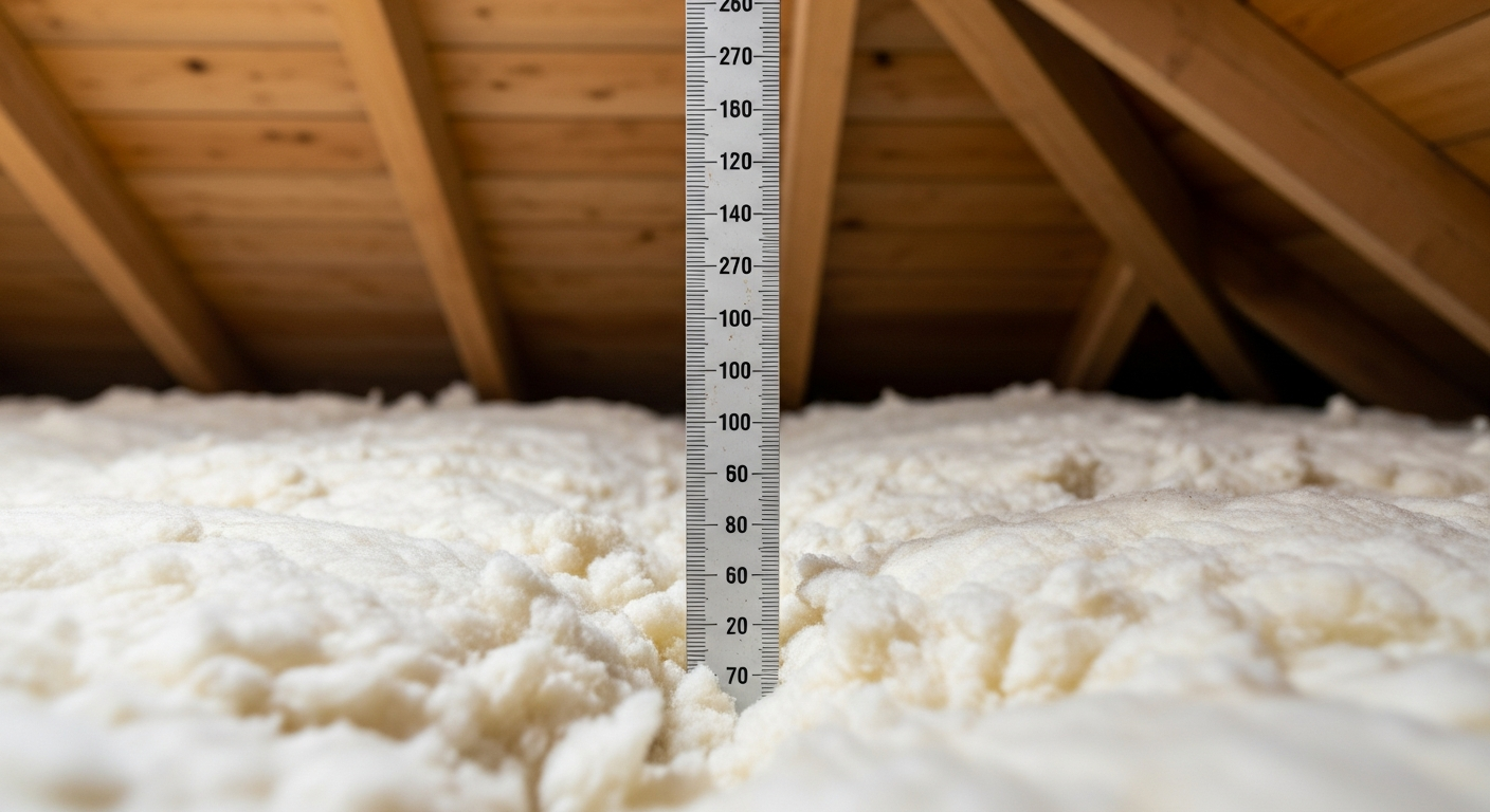 Depth gauge measuring 270mm of new loft insulation between timber joists in a British home