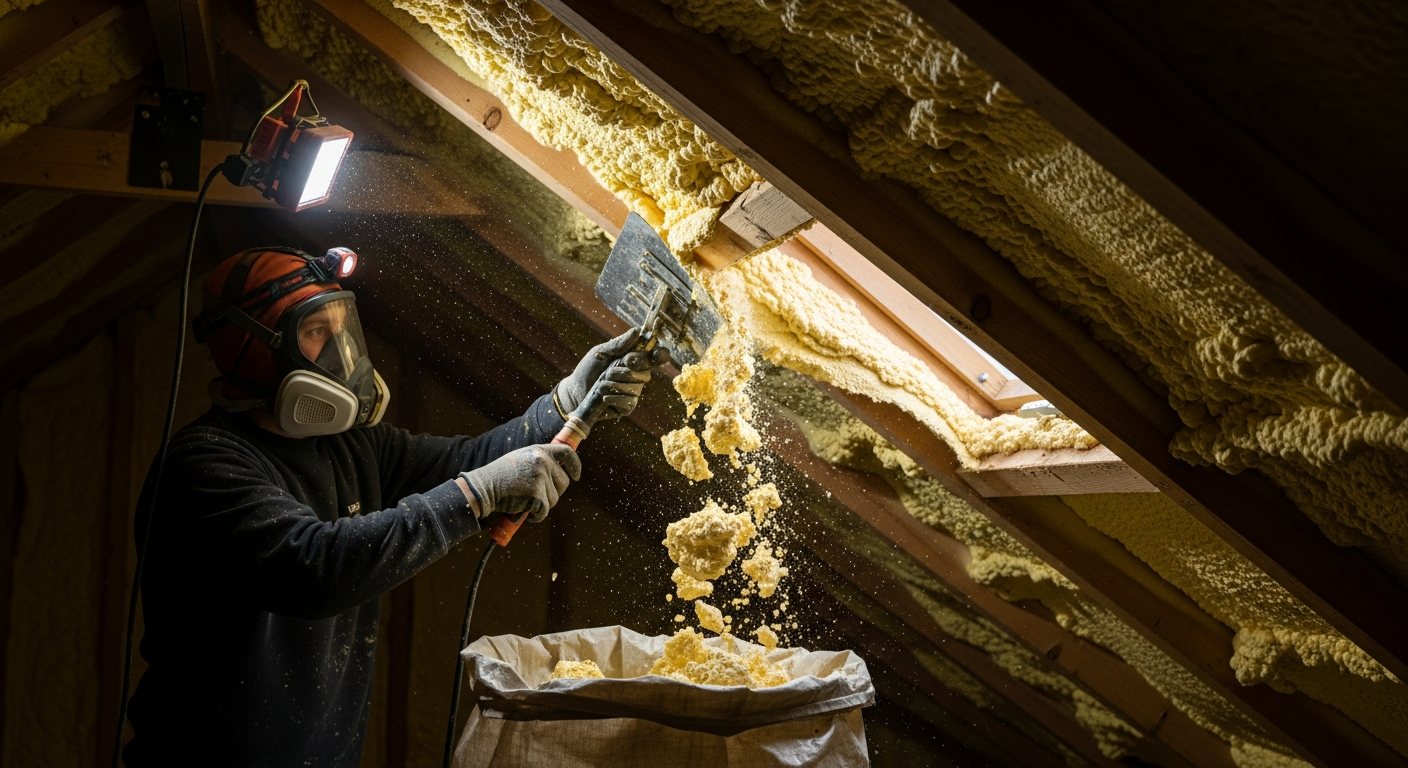 Professional removing discoloured spray foam insulation from roof timbers to reveal clean, healthy timber joists underneath