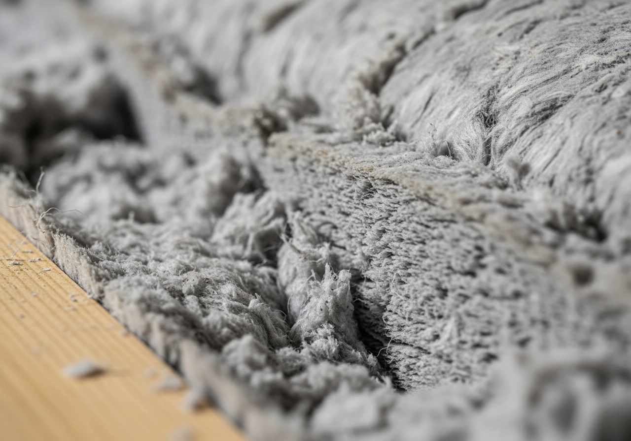 Close-up detail of materials and technique used in blown-in cellulose loft insulation — showing quality and thickness
