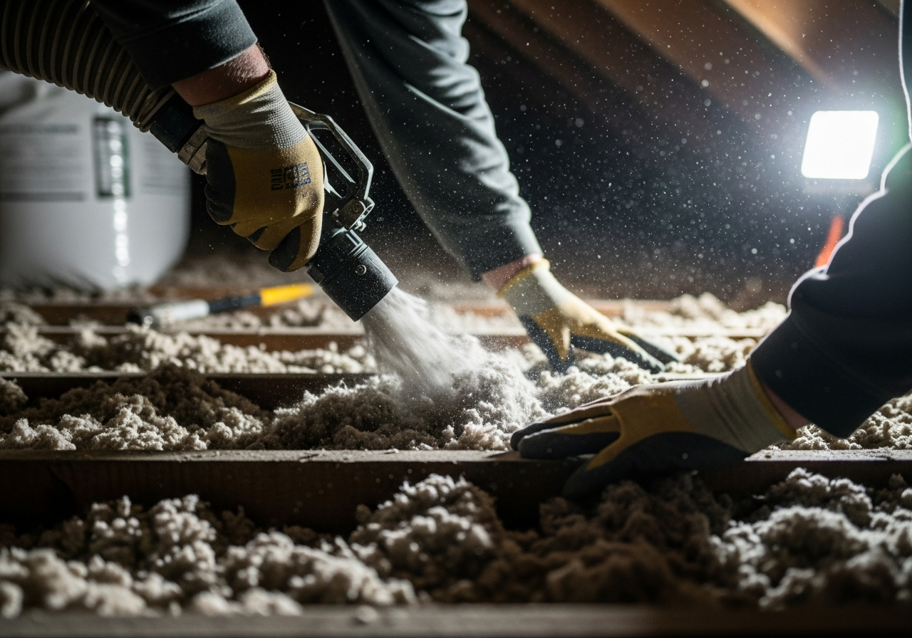 Professional Blown-in Cellulose Loft Insulation installation in progress