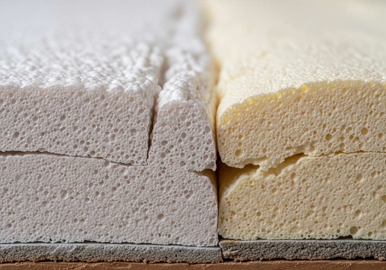 Close-up detail of materials and technique used in closed cell & open cell spray foam removal — showing quality and thickness