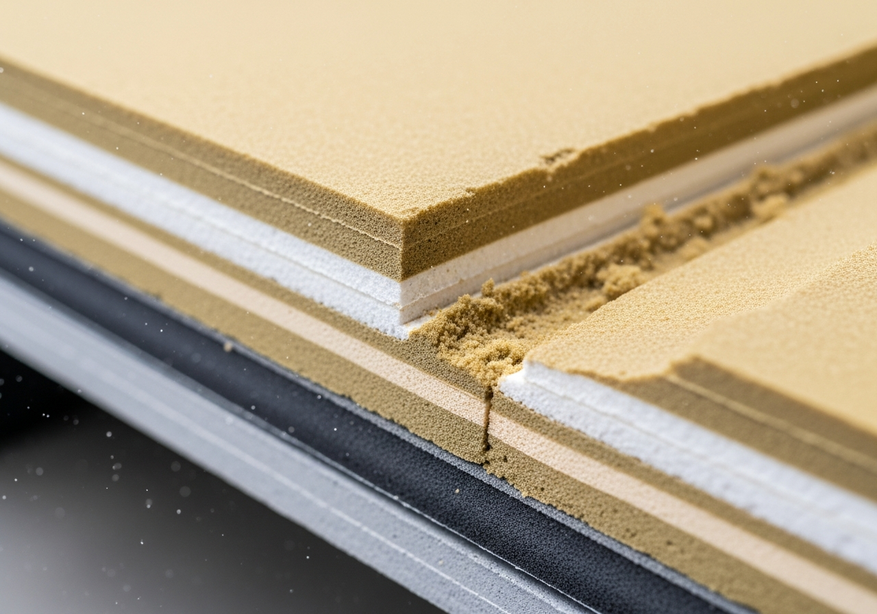 Close-up detail of materials and technique used in dry ice blasting for foam removal — showing quality and thickness