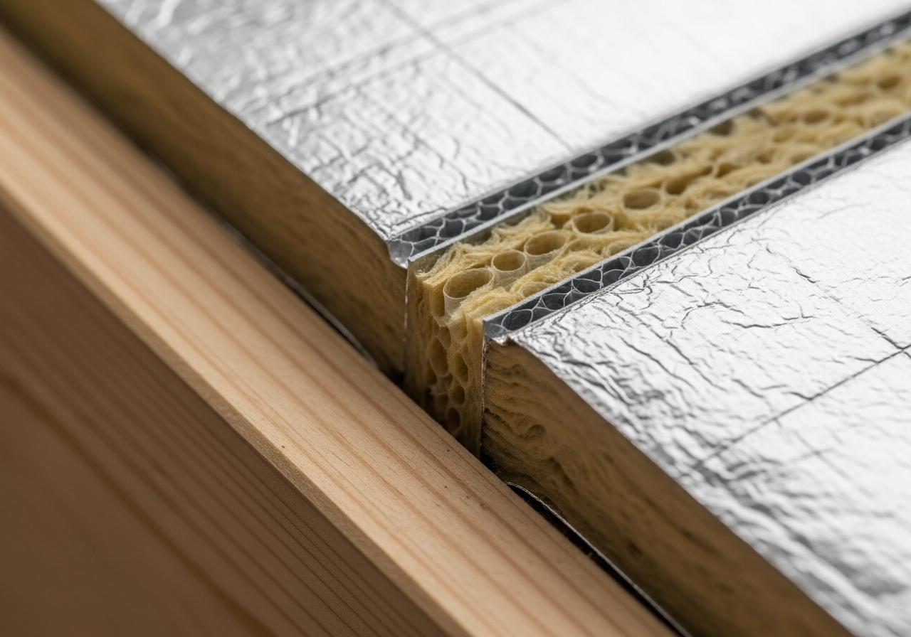 Close-up detail of materials and technique used in multi-foil insulation installation — showing quality and thickness