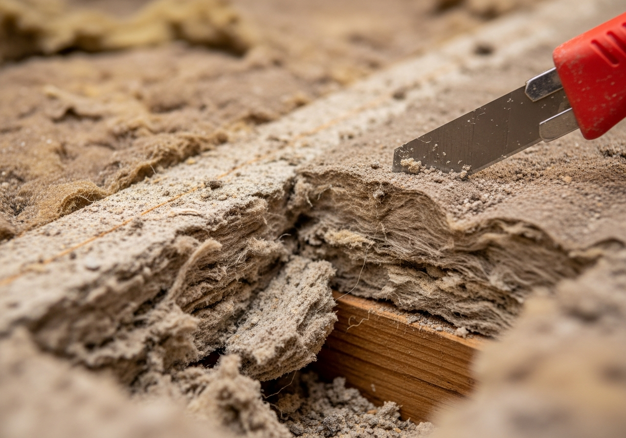 Close-up detail of materials and technique used in old loft insulation removal & disposal — showing quality and thickness