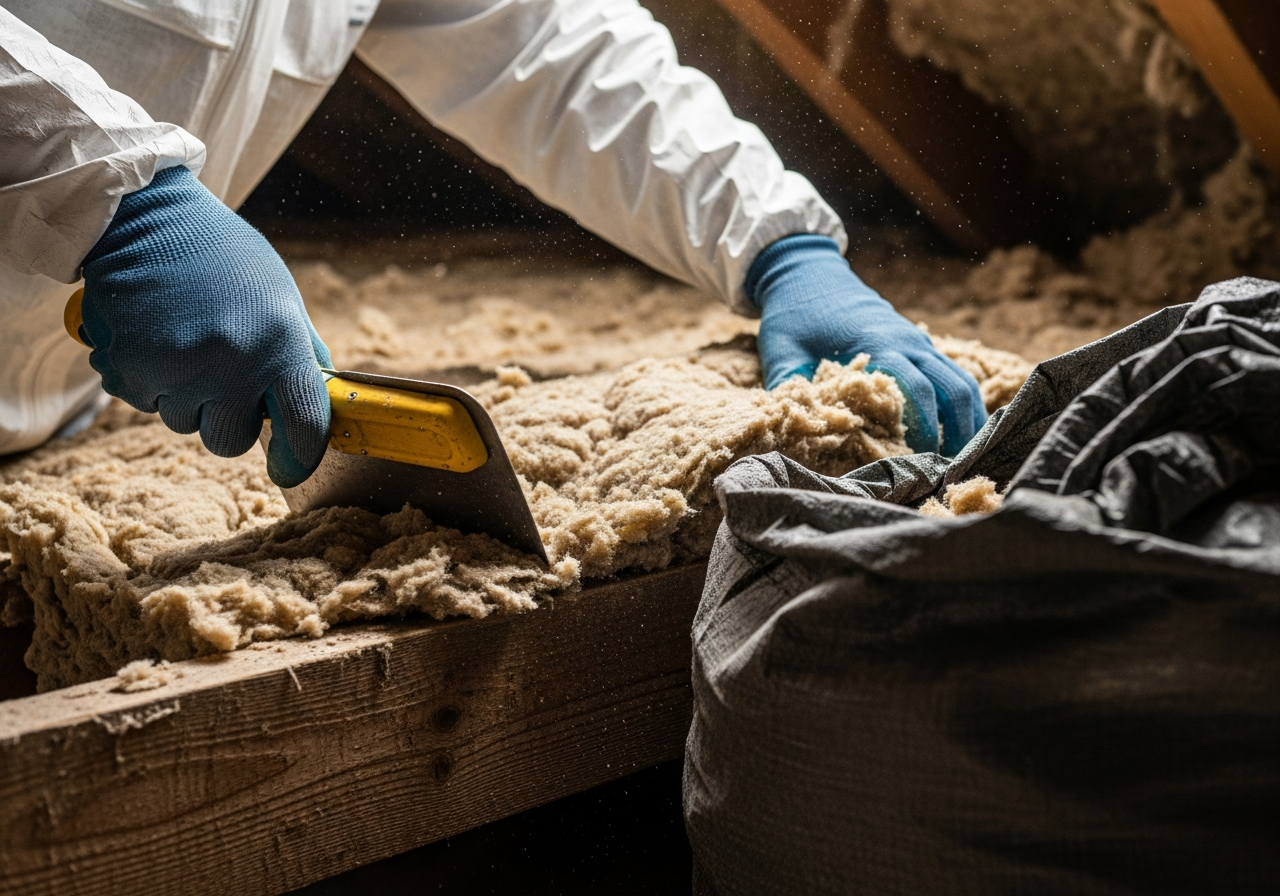 Professional Old Loft Insulation Removal & Disposal installation in progress