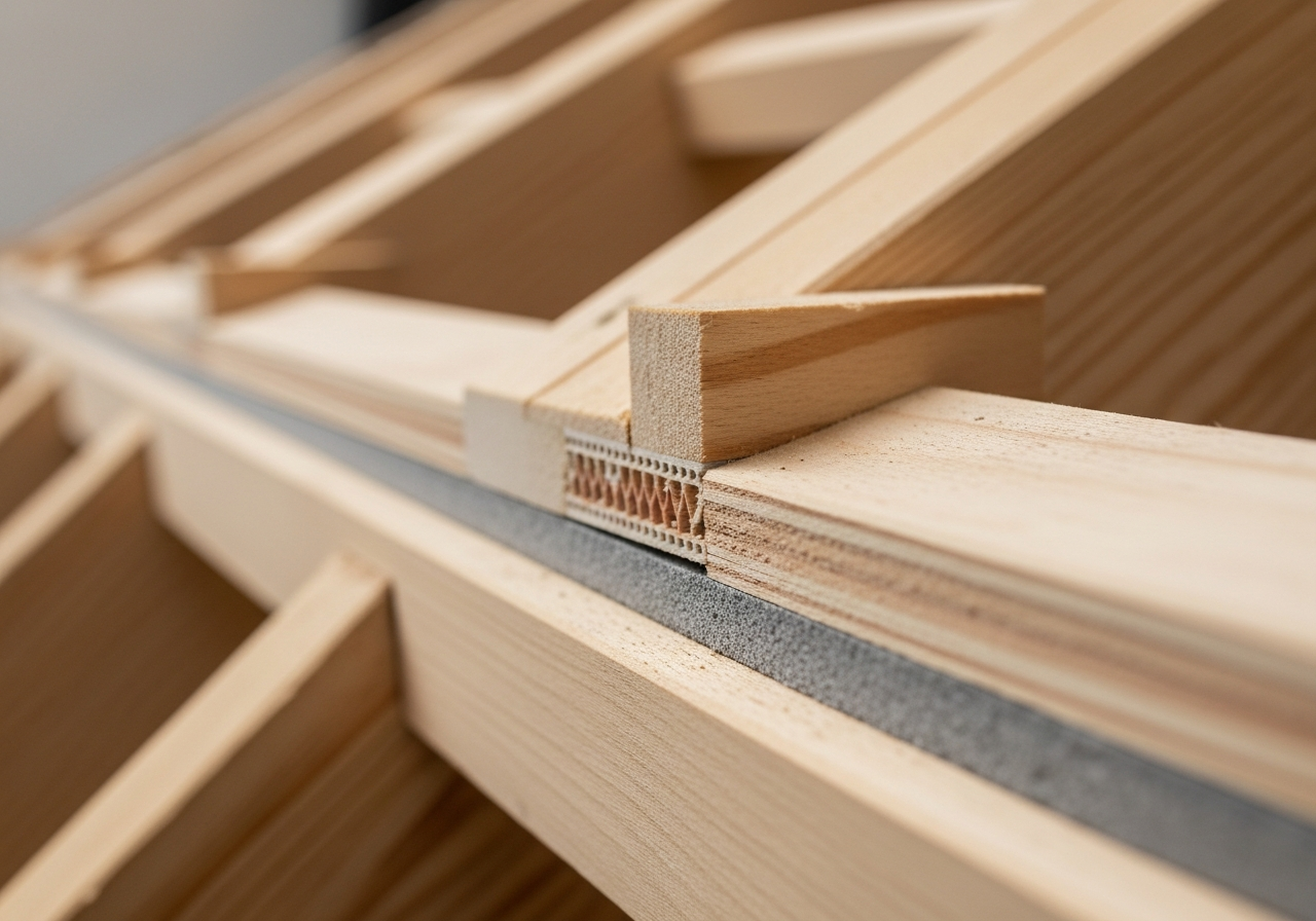 Close-up detail of materials and technique used in raised loft boarding for storage — showing quality and thickness