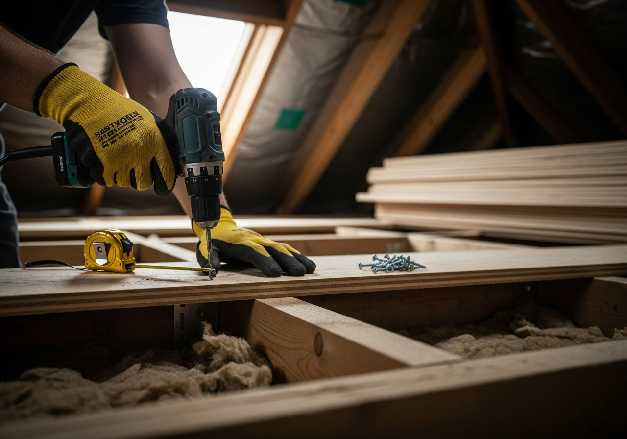 Professional Raised Loft Boarding for Storage installation in progress