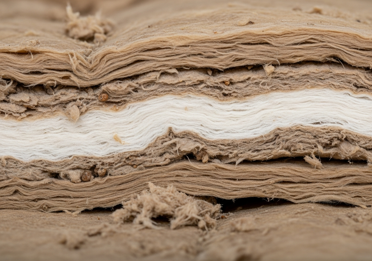 Close-up detail of materials and technique used in rodent-contaminated insulation clearance — showing quality and thickness