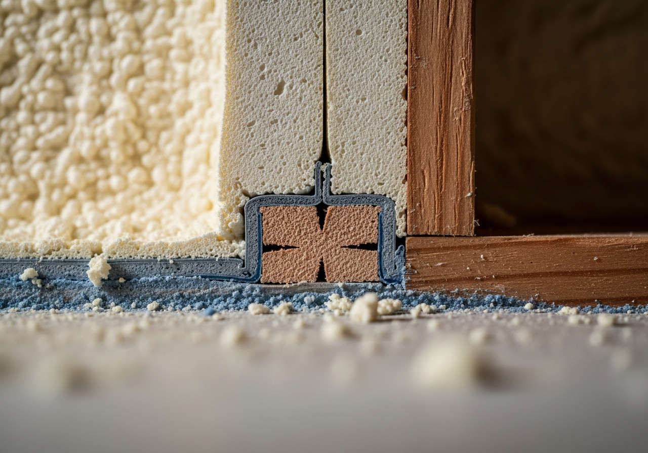 Close-up detail of materials and technique used in spray foam removal certification — showing quality and thickness