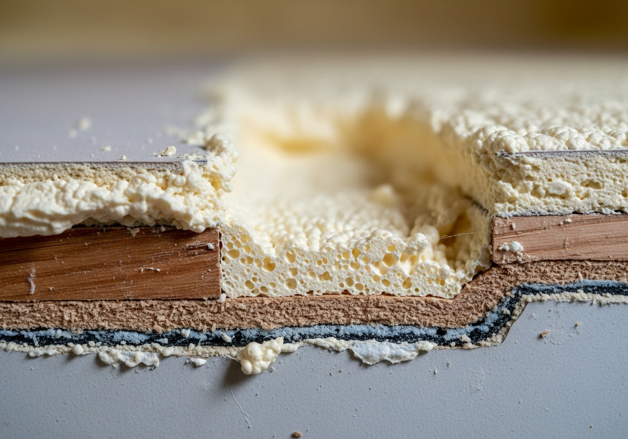 Close-up detail of materials and technique used in spray foam removal for mortgage approval — showing quality and thickness