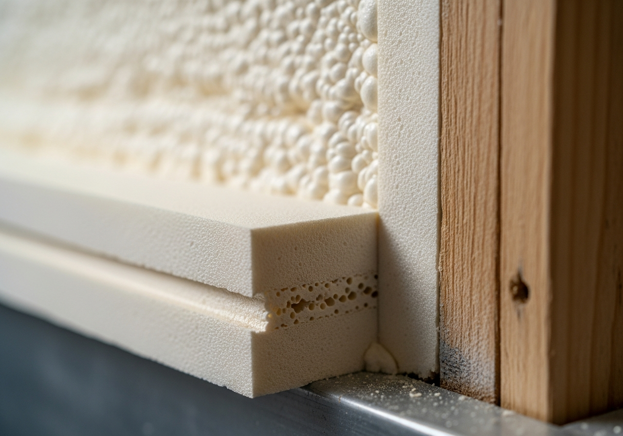Close-up detail of materials and technique used in spray foam survey & condition report — showing quality and thickness