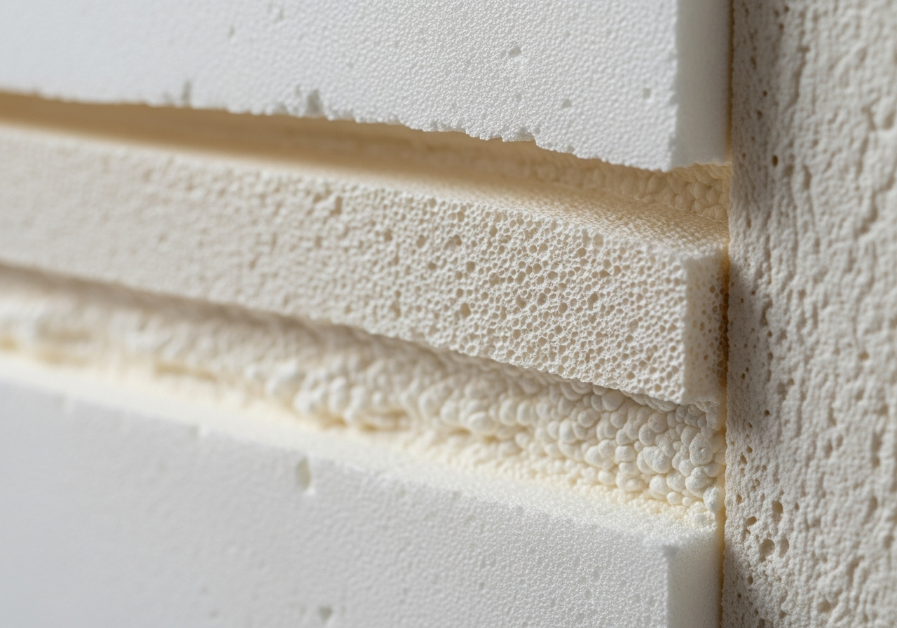 Close-up detail of materials and technique used in spray foam survey & condition report — showing quality and thickness