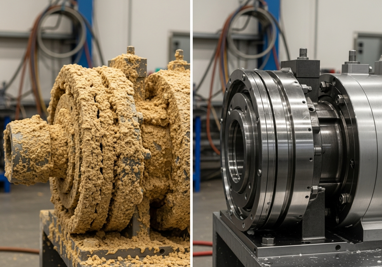 Before and after comparison showing the results of professional dry ice blasting for foam removal