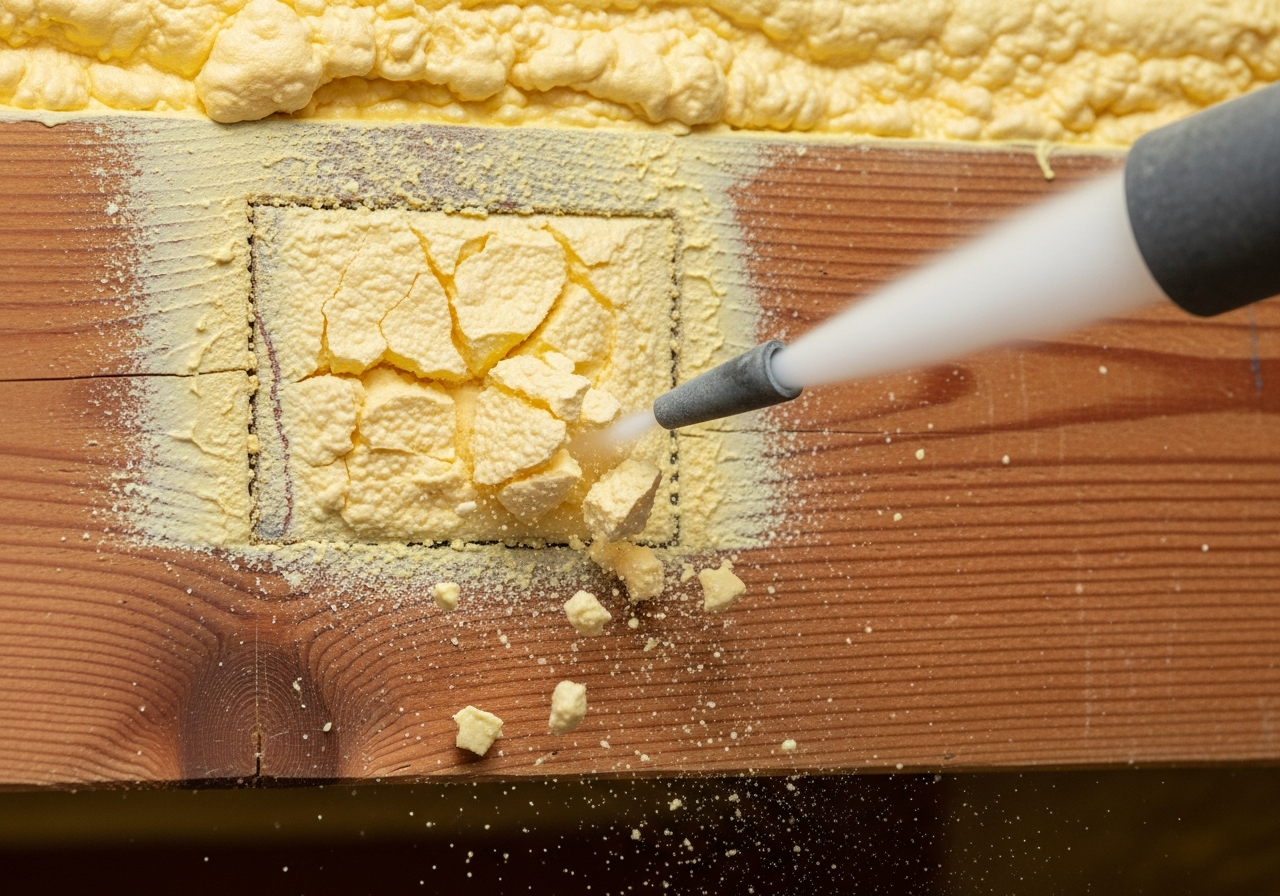Close-up detail relevant to dry ice blasting for foam removal — showing materials and installation technique