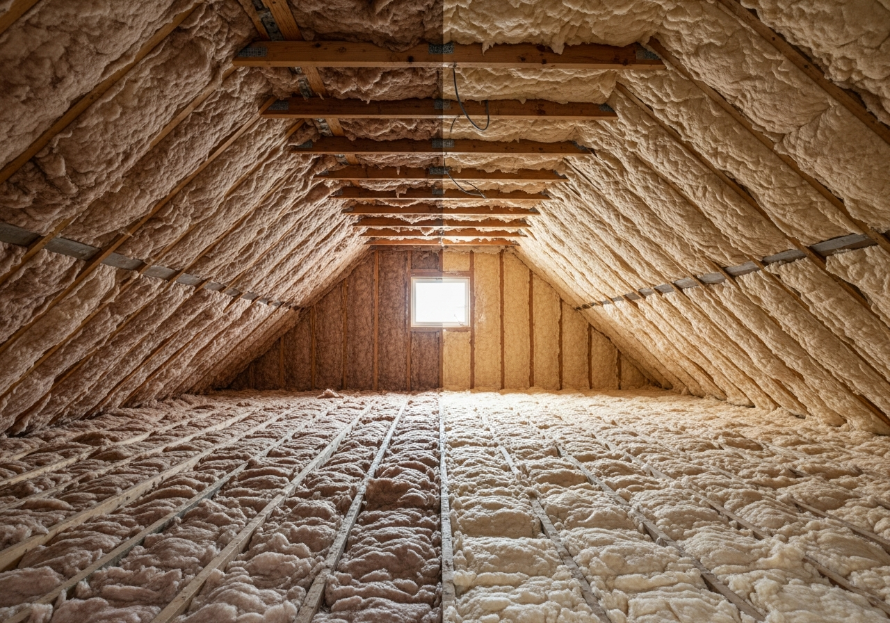 Before and after comparison showing the results of professional blown-in cellulose loft insulation