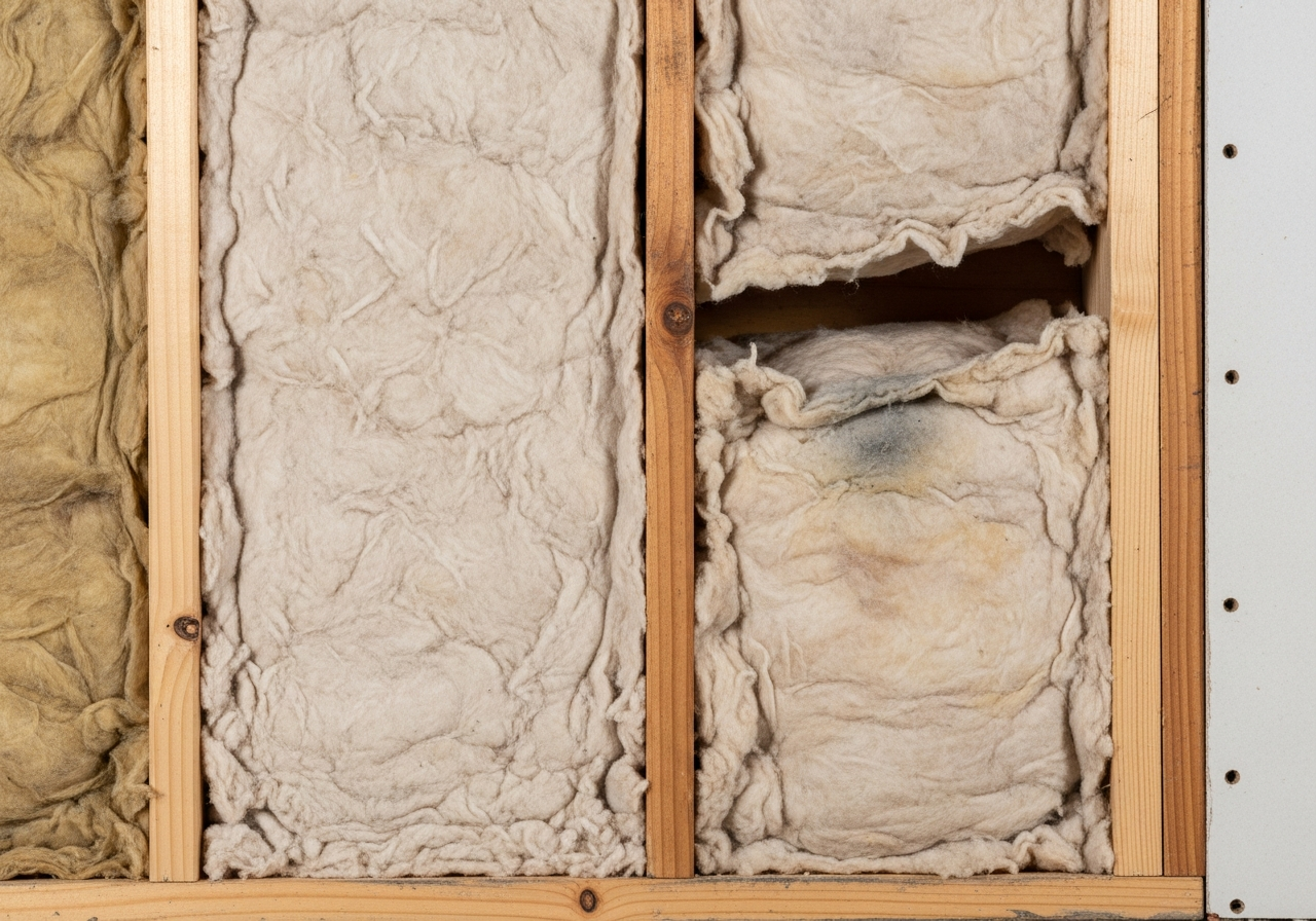 Close-up detail relevant to blown-in cellulose loft insulation — showing materials and installation technique