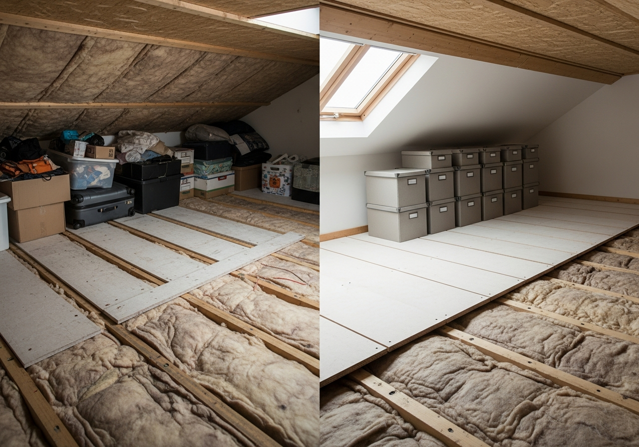 Before and after comparison showing the results of professional raised loft boarding for storage
