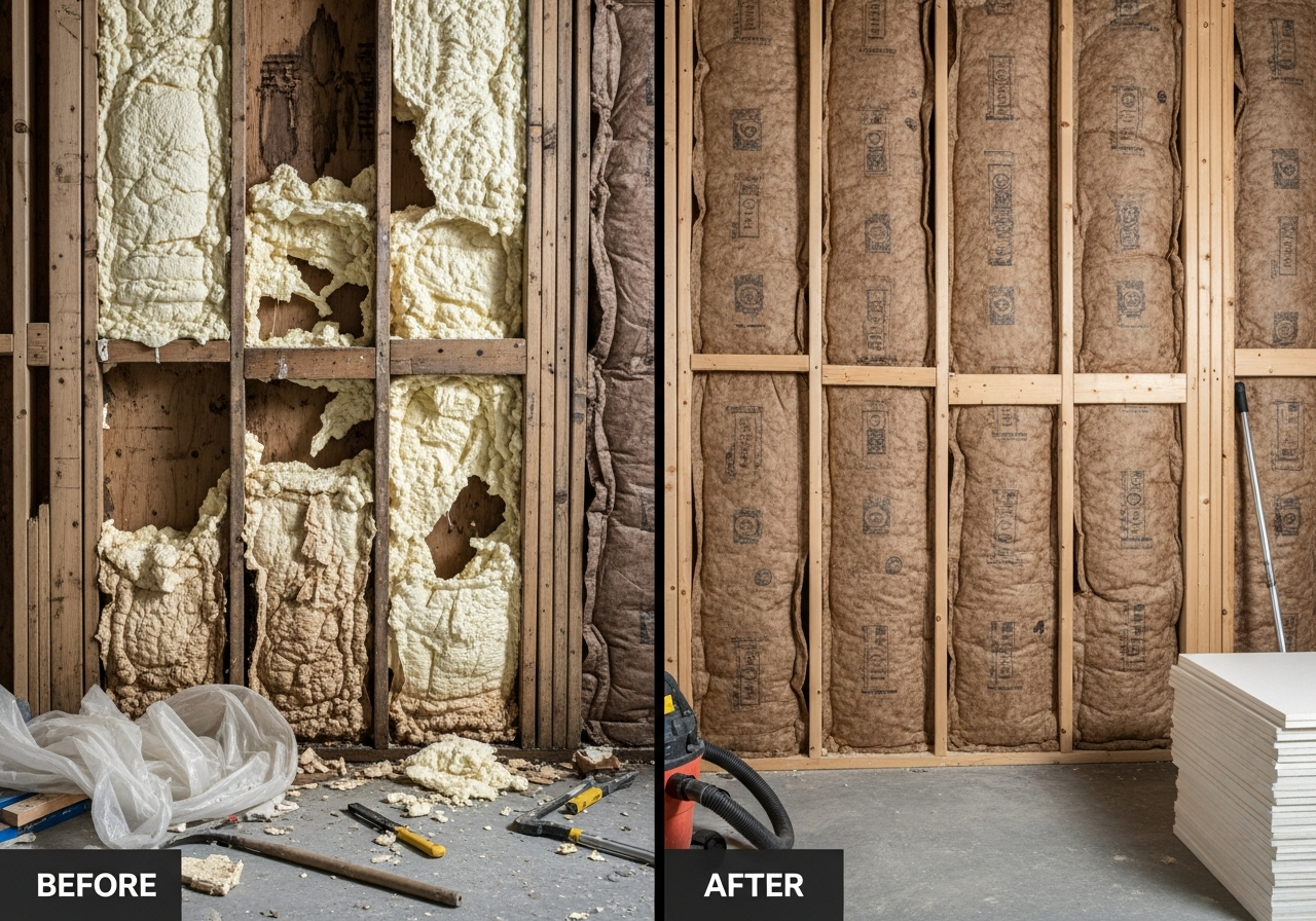 Before and after comparison showing the results of professional closed cell & open cell spray foam removal