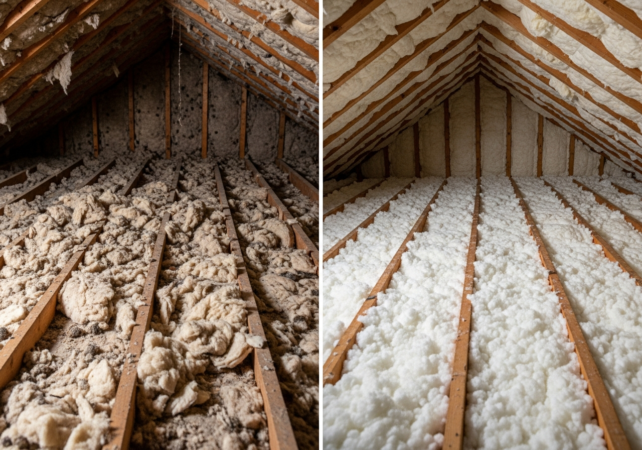 Before and after comparison showing the results of professional old loft insulation removal & disposal