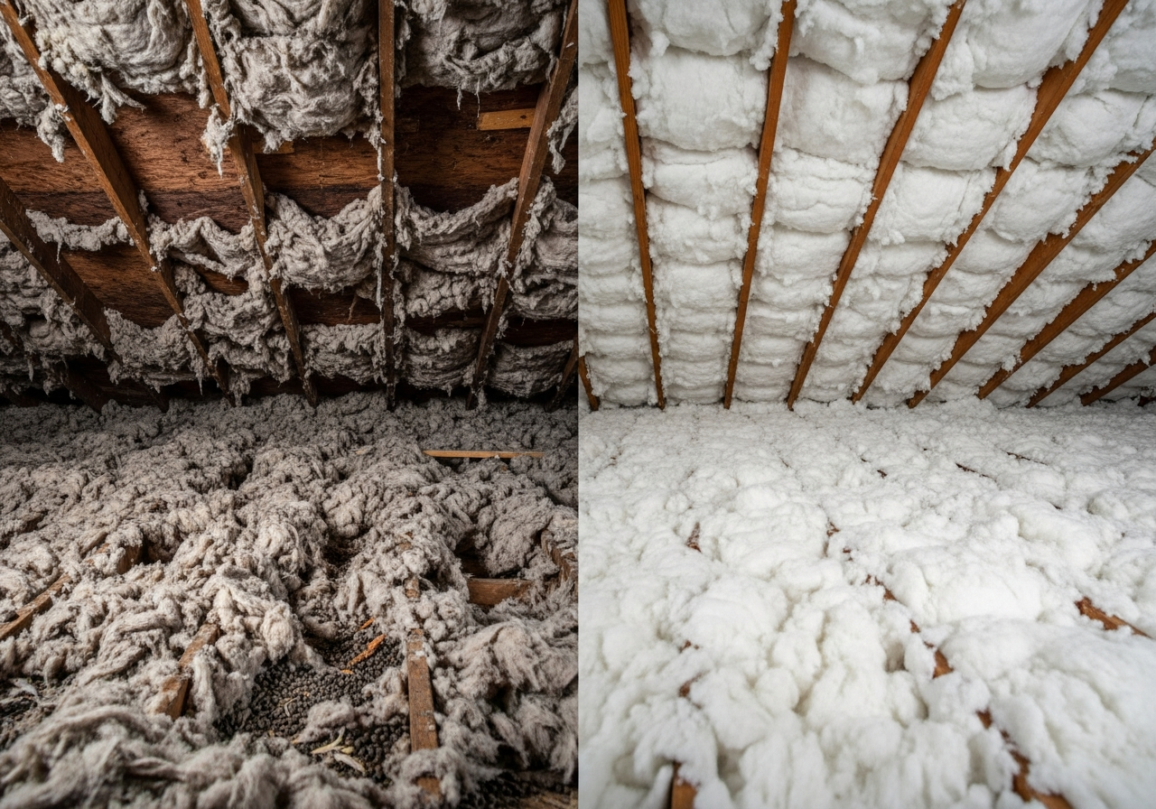 Before and after comparison showing the results of professional rodent-contaminated insulation clearance