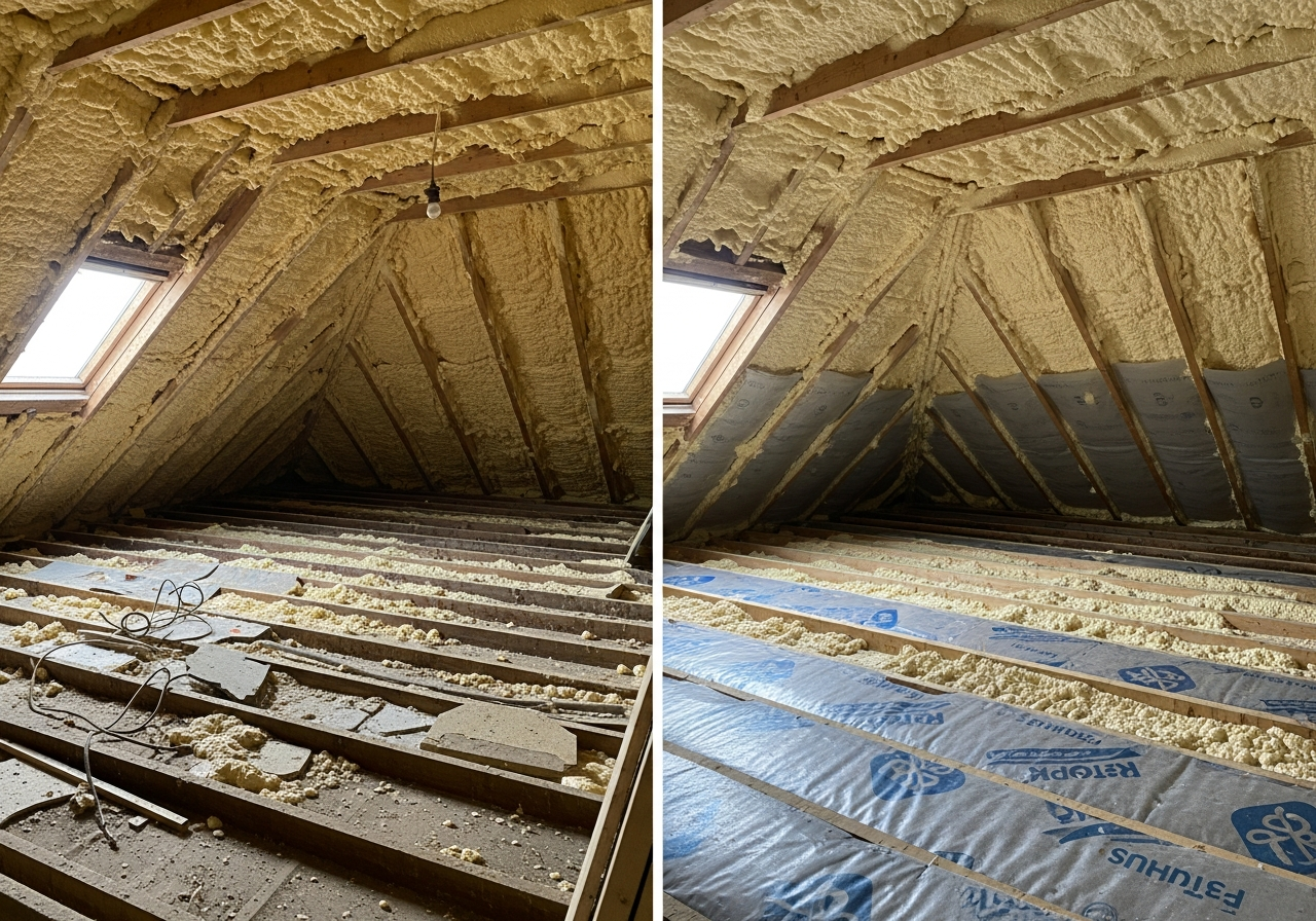 Before and after comparison showing the results of professional spray foam removal for equity release