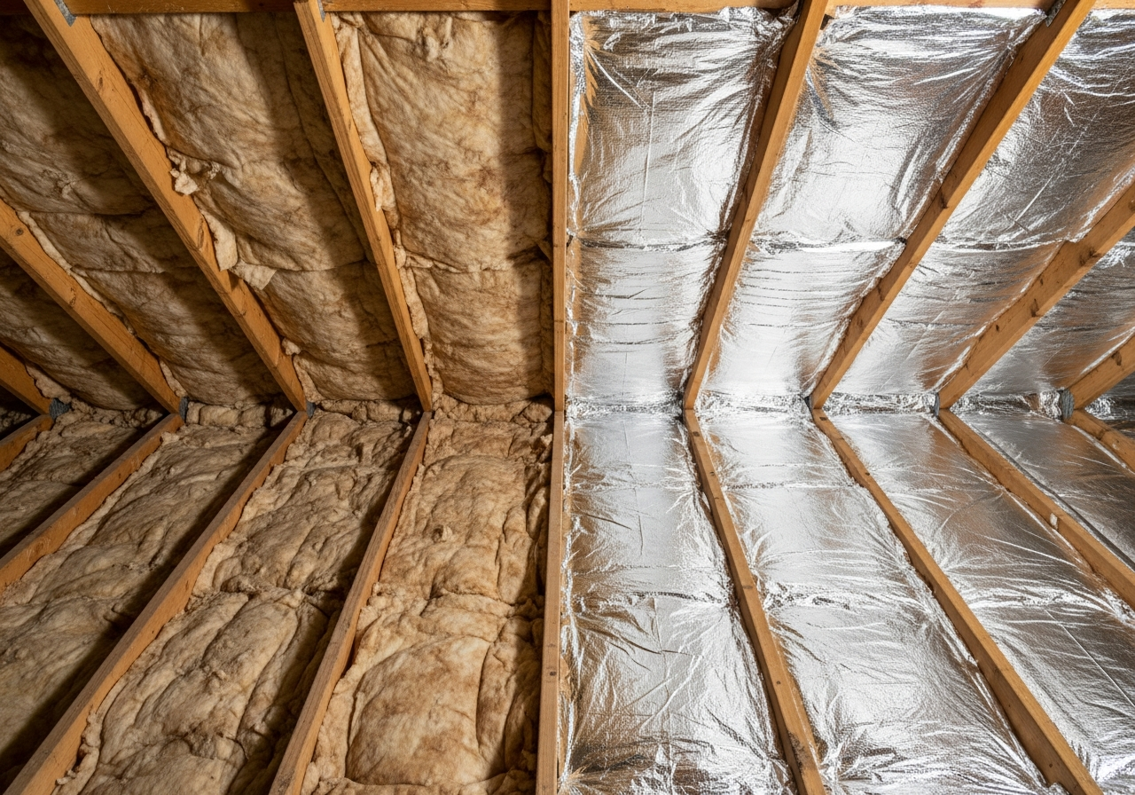 Before and after comparison showing the results of professional multi-foil insulation installation