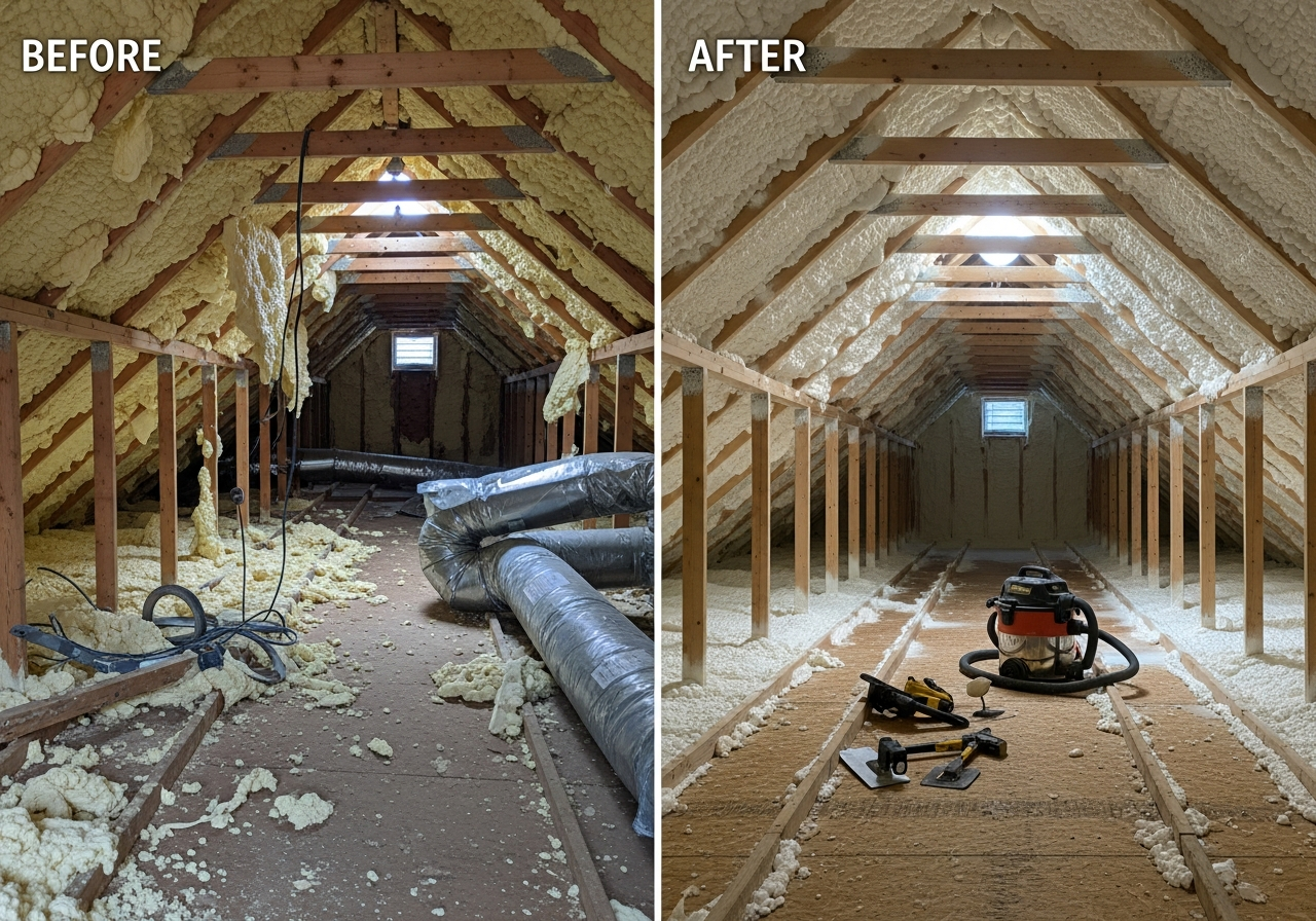Before and after comparison showing the results of professional spray foam removal certification