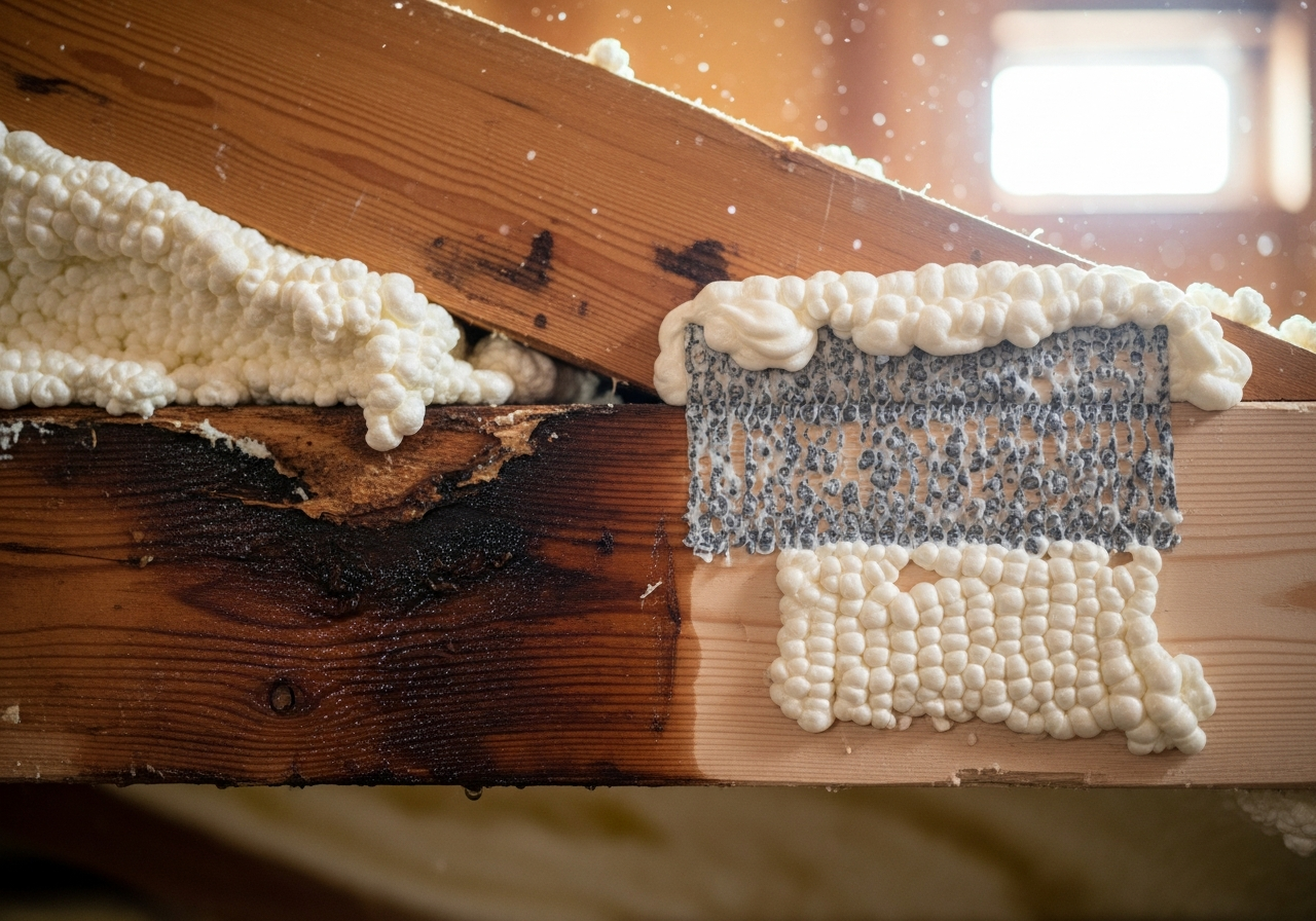 Close-up detail relevant to spray foam survey & condition report — showing materials and installation technique
