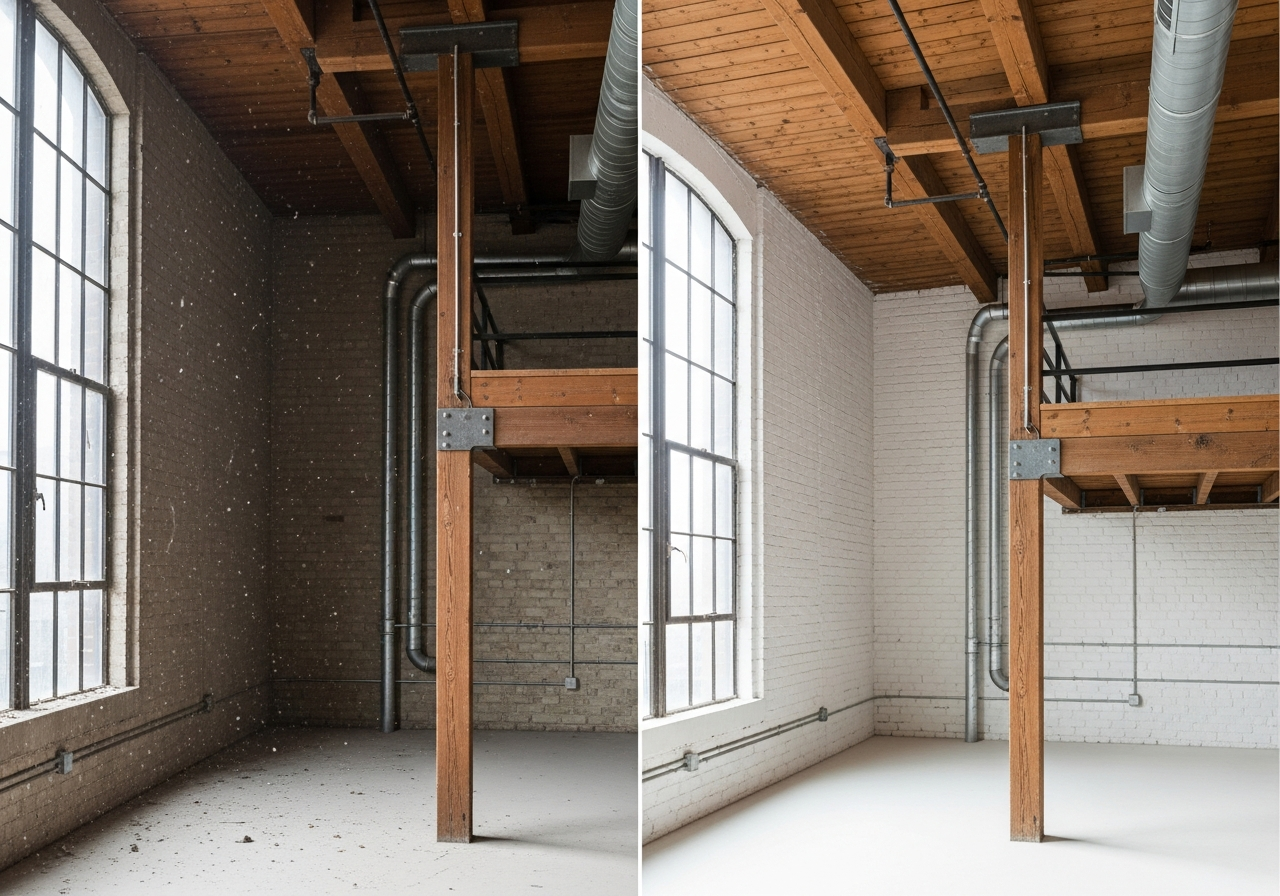 Before and after comparison showing the results of professional loft hepa vacuum cleaning