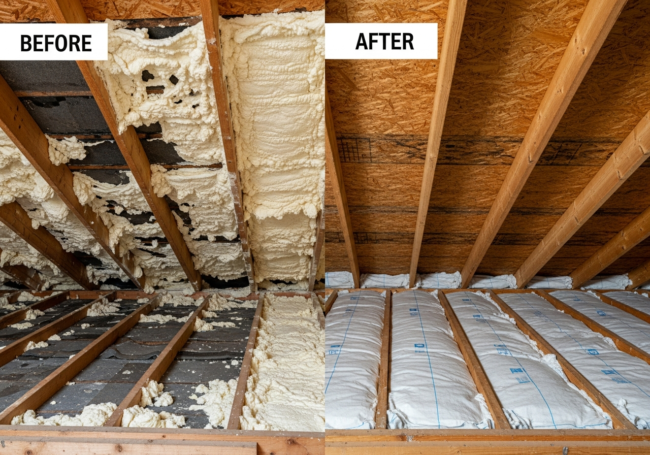 Before and after comparison showing the results of professional spray foam removal for mortgage approval