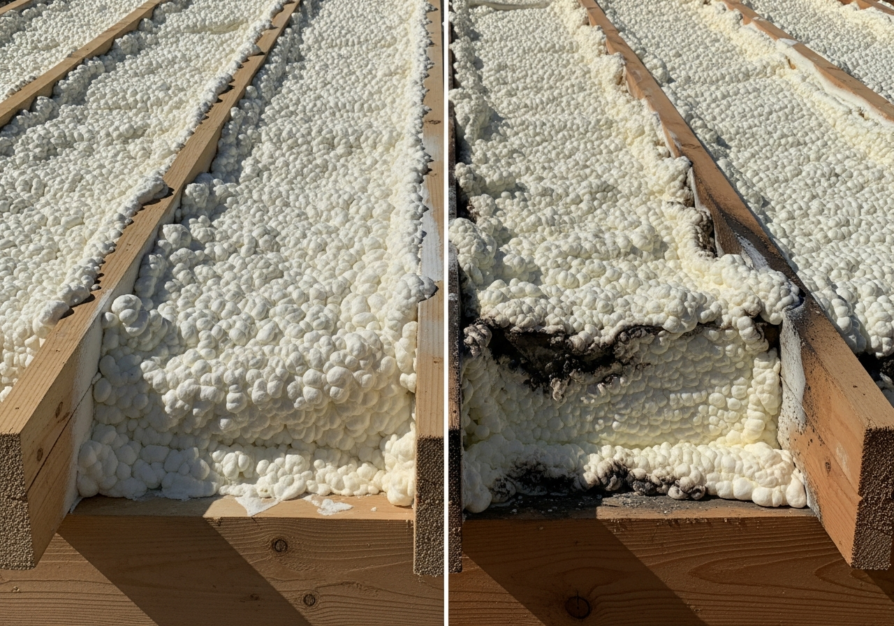 Close-up detail relevant to spray foam removal for mortgage approval — showing materials and installation technique